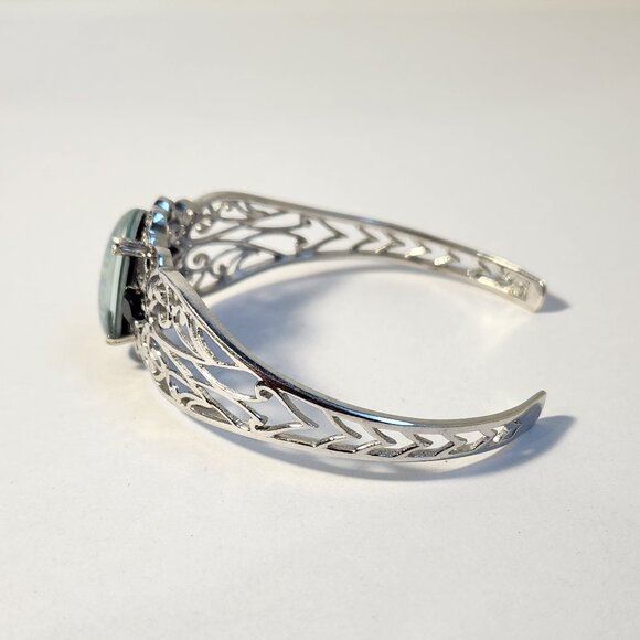 VTG Natural Opal & Onyx Platinum Clad Open Cuff Filigree Ornate Bracelet - Picture 7 of 15